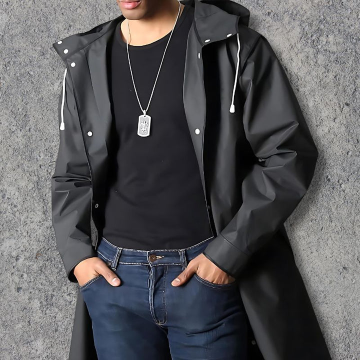 Men's lightweight waterproof hooded raincoat. Stylish all-weather knee-length rain gear for men.