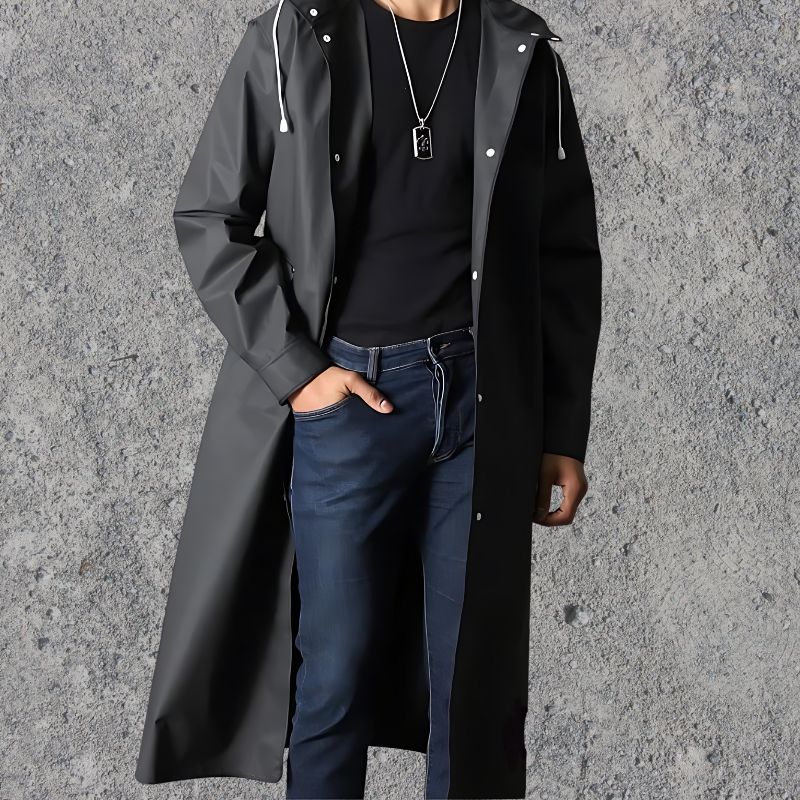 Front view of a men's knee-length waterproof hooded raincoat, perfect lightweight rain gear.
