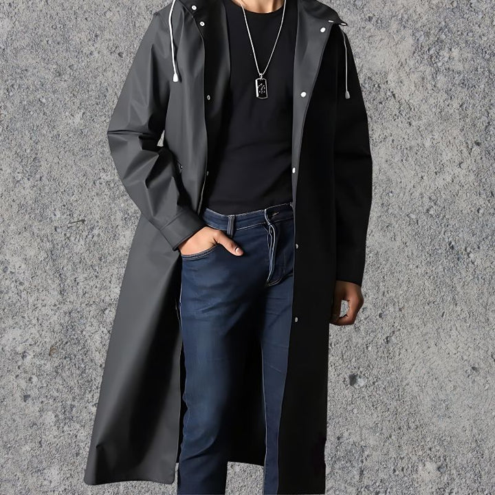 Front view of a men's knee-length waterproof hooded raincoat, perfect lightweight rain gear.