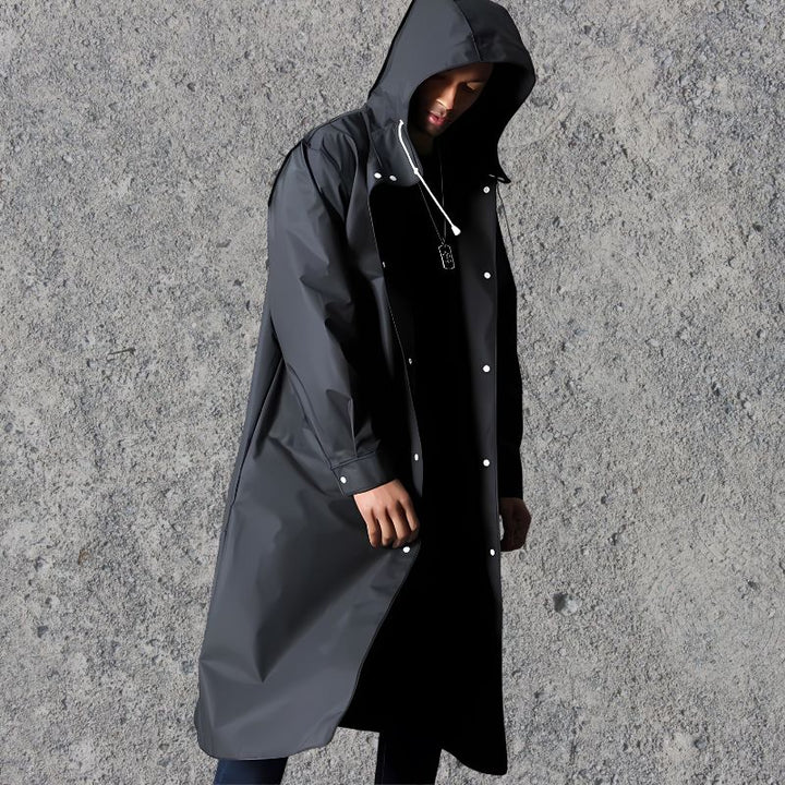 Detail of men's lightweight waterproof hooded raincoat. Essential stylish rainwear for men.