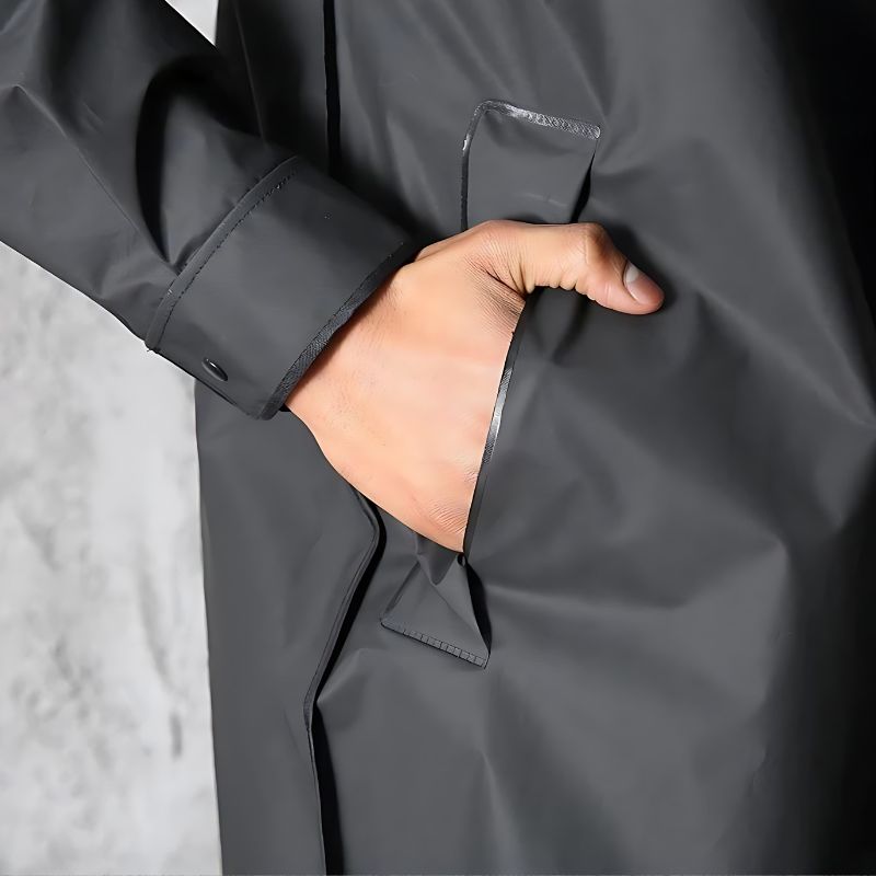 Men's durable waterproof jacket with hood. Lightweight rain gear designed for comfortable all-weather protection.