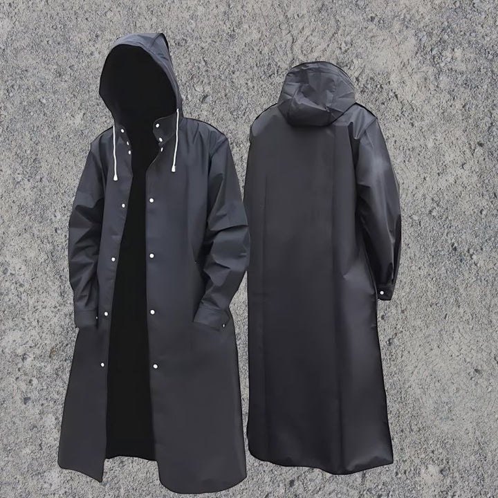 Men's stylish knee-length waterproof hooded raincoat in action. Lightweight & practical men's outerwear.