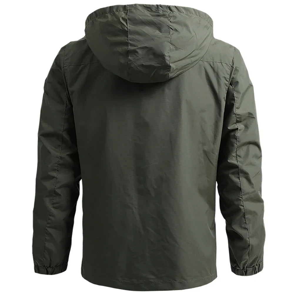 Versatile men's rain jacket, waterproof & windproof, ideal for outdoor activities & everyday wear.