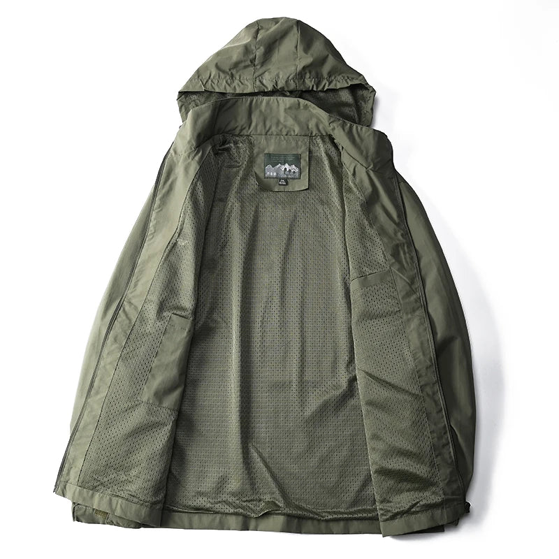 Sleek men's windbreaker with hood, lightweight waterproof jacket for urban & outdoor adventures.