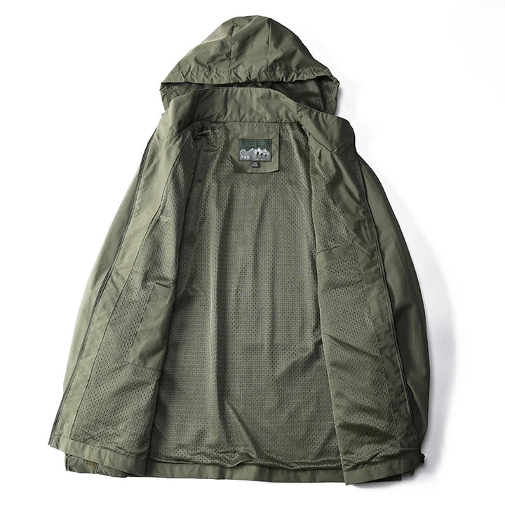 Sleek men's windbreaker with hood, lightweight waterproof jacket for urban & outdoor adventures.