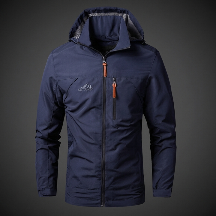 Versatile men's lightweight wind jacket. Waterproof full zip design, perfect for spring, fall, & travel outerwear.