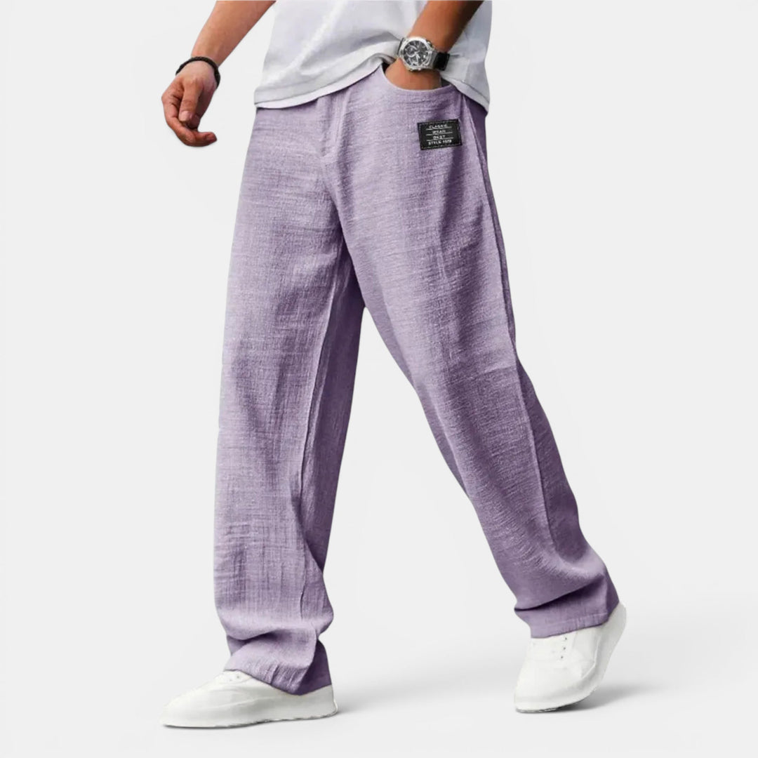 Comfortable men's summer wide leg pants, ideal for beachwear or relaxed casual outfits.