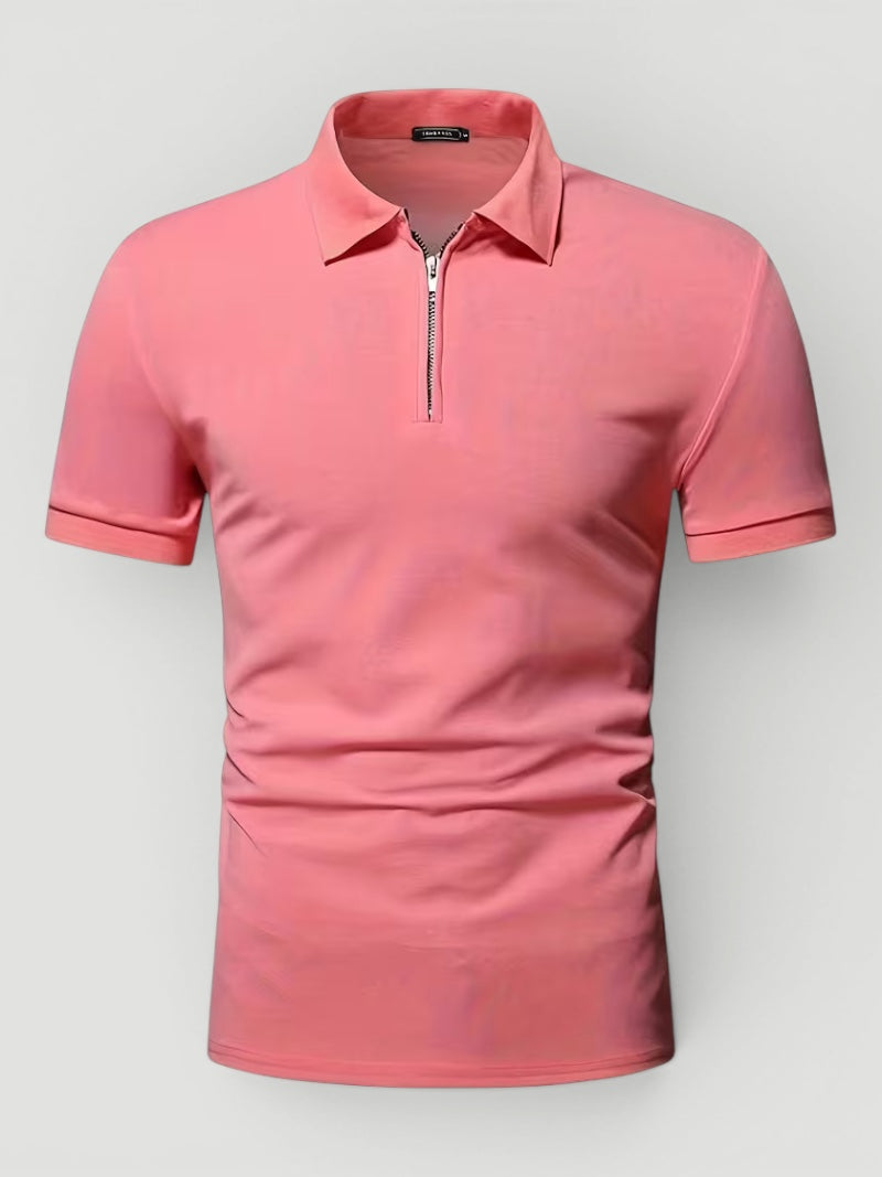 Everyday men's smart casual polo, short sleeve with a stylish zip for modern appeal.
