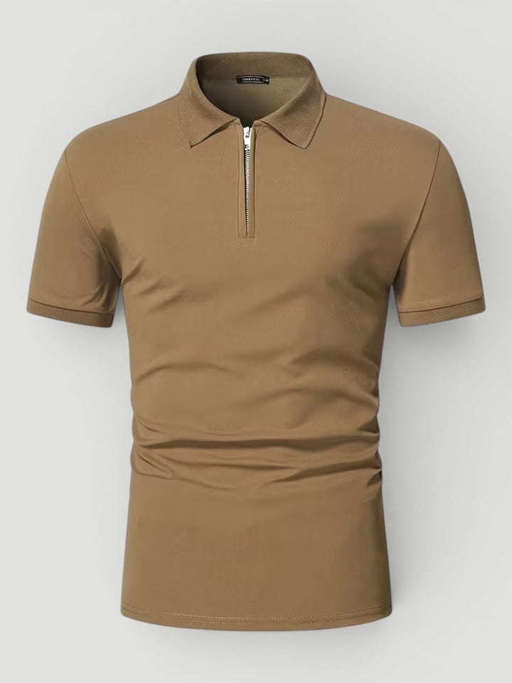 Fashionable men's short sleeve zip polo, a go-to for summer and casual events.