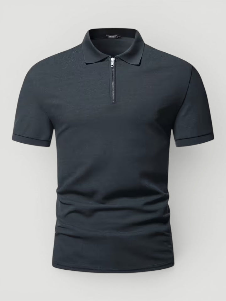 Smart men's short sleeve zip polo, crafted from lightweight fabric for all-day comfort.