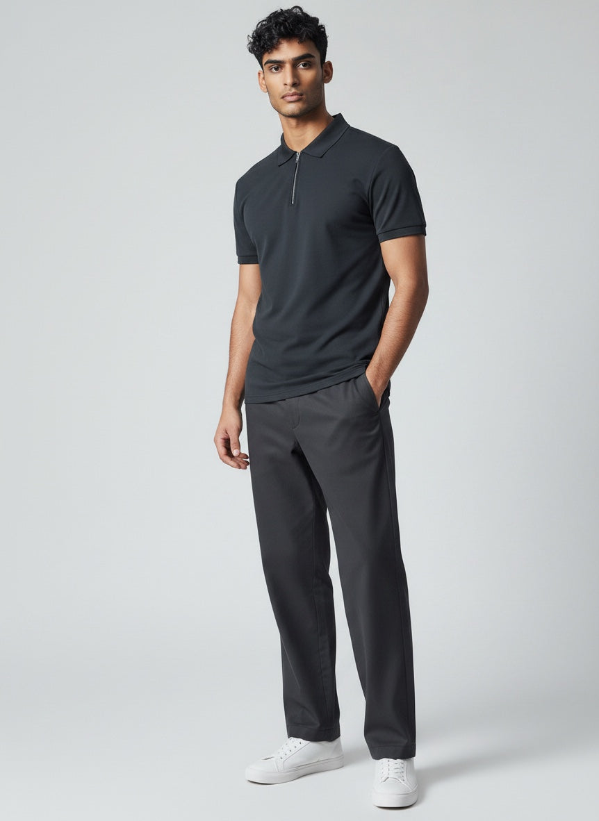 Stylish men's zip polo shirt in a relaxed fit, great for everyday casual outfits.