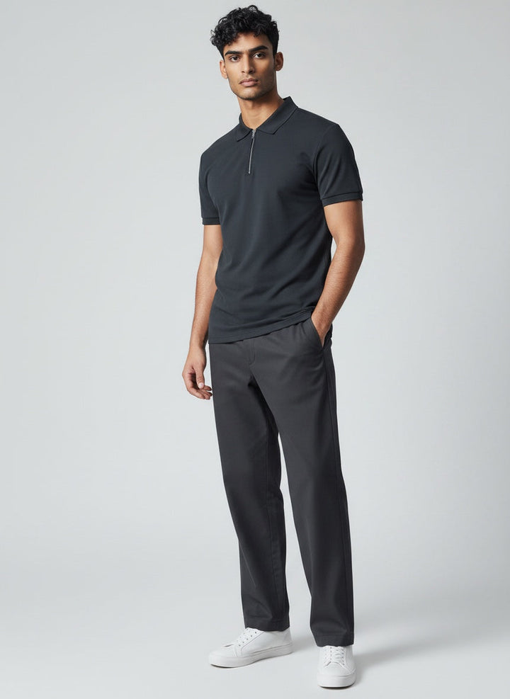Stylish men's zip polo shirt in a relaxed fit, great for everyday casual outfits.