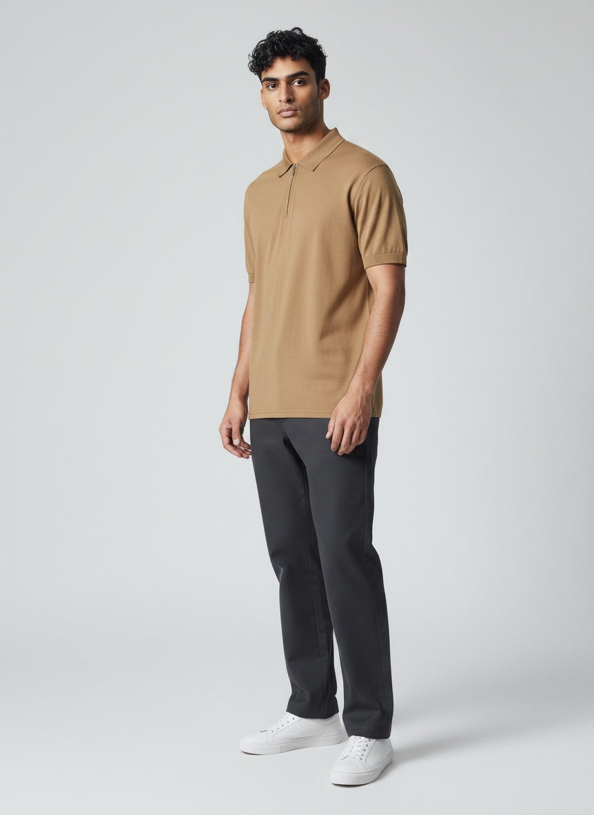 Short sleeve men's lightweight polo, featuring a convenient zip for versatile styling.