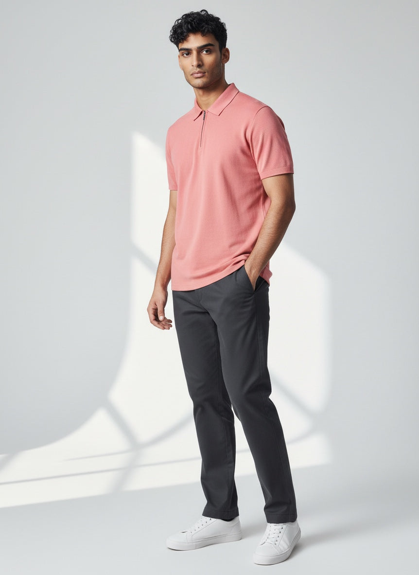 Smart casual men's clothing: a modern zip polo in a breathable lightweight fabric.