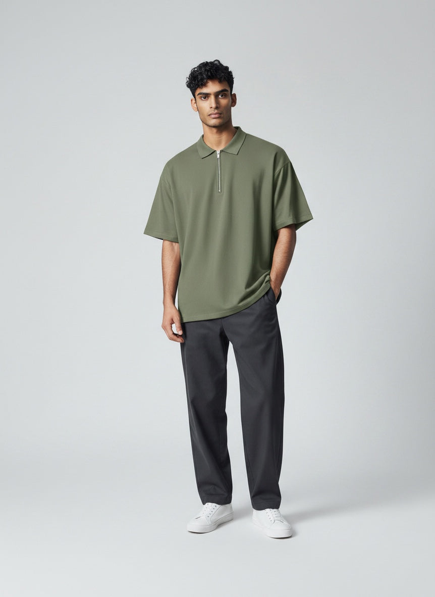 Lightweight men's short sleeve polo with zip detail, perfect for warm weather.