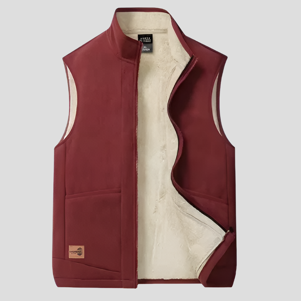 Close-up of men's winter vest showcasing warm lining and durable exterior fabric.