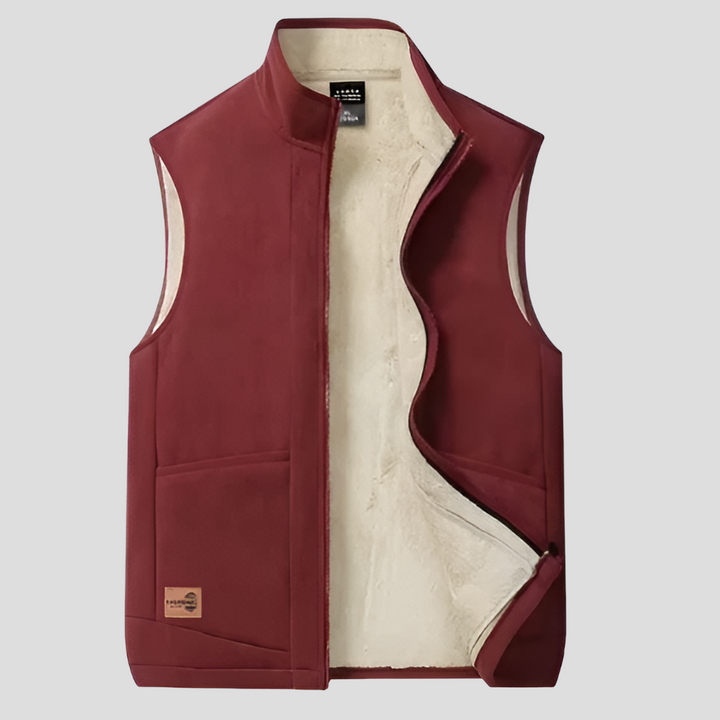 Close-up of men's winter vest showcasing warm lining and durable exterior fabric.