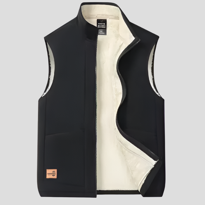 Model wearing a men's casual lined vest, demonstrating stylish and warm cold weather gear.