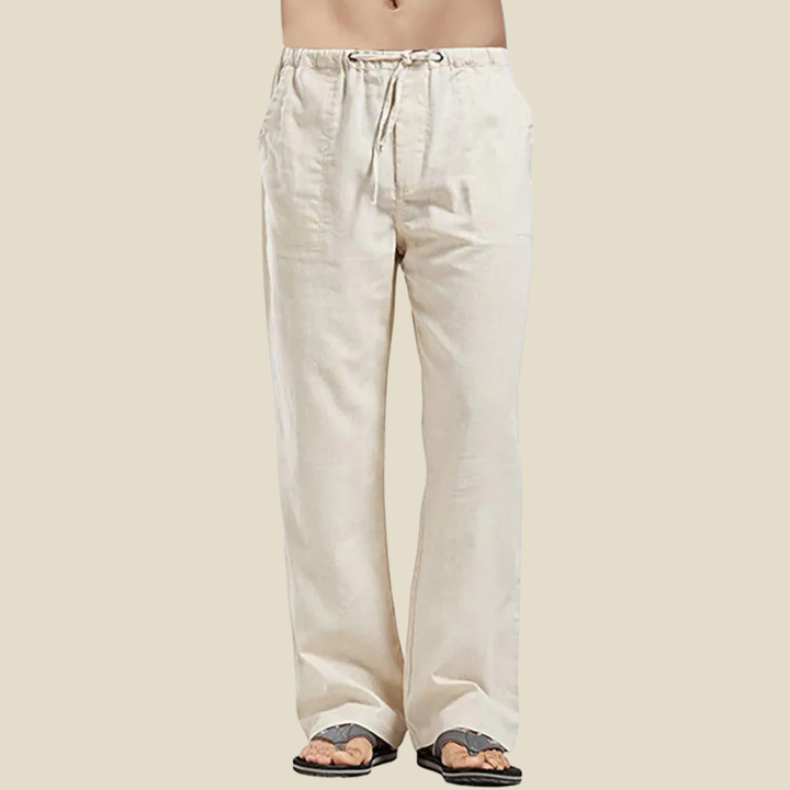 Men's linen blend straight-leg trousers with drawstring waist. Casual & comfortable pants for all seasons.