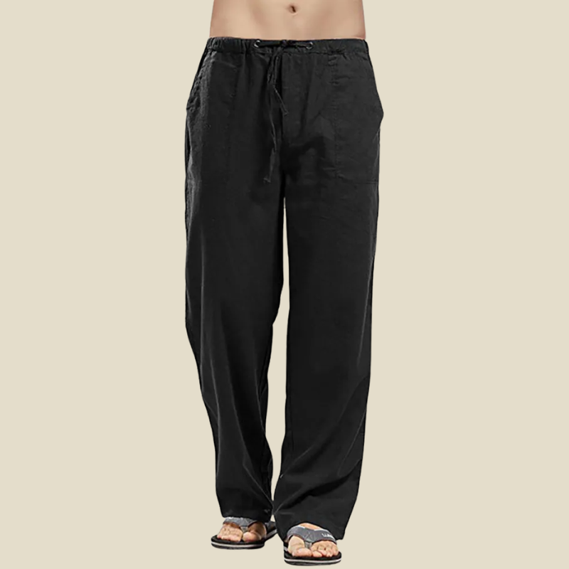 Relaxed men's straight-leg linen blend trousers featuring an adjustable drawstring waist. Breathable & stylish.