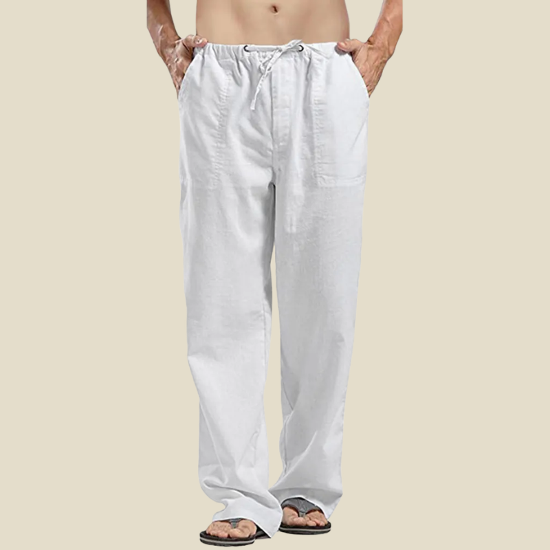 Versatile men's straight-leg linen blend trousers. Drawstring waist pants, ideal for casual all-season comfort.