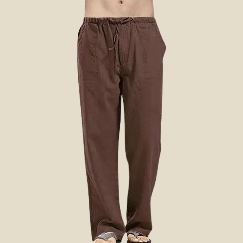 Stylish men's linen blend straight-leg pants. Drawstring waist offers adjustable comfort for everyday casual wear.