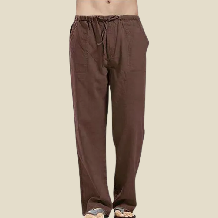 Stylish men's linen blend straight-leg pants. Drawstring waist offers adjustable comfort for everyday casual wear.