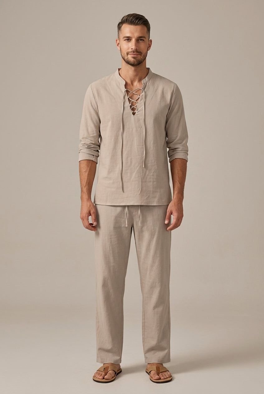 Men's linen blend two-piece set featuring a lace-up V-neck shirt and wide-leg trousers, perfect for summer resort wear.
