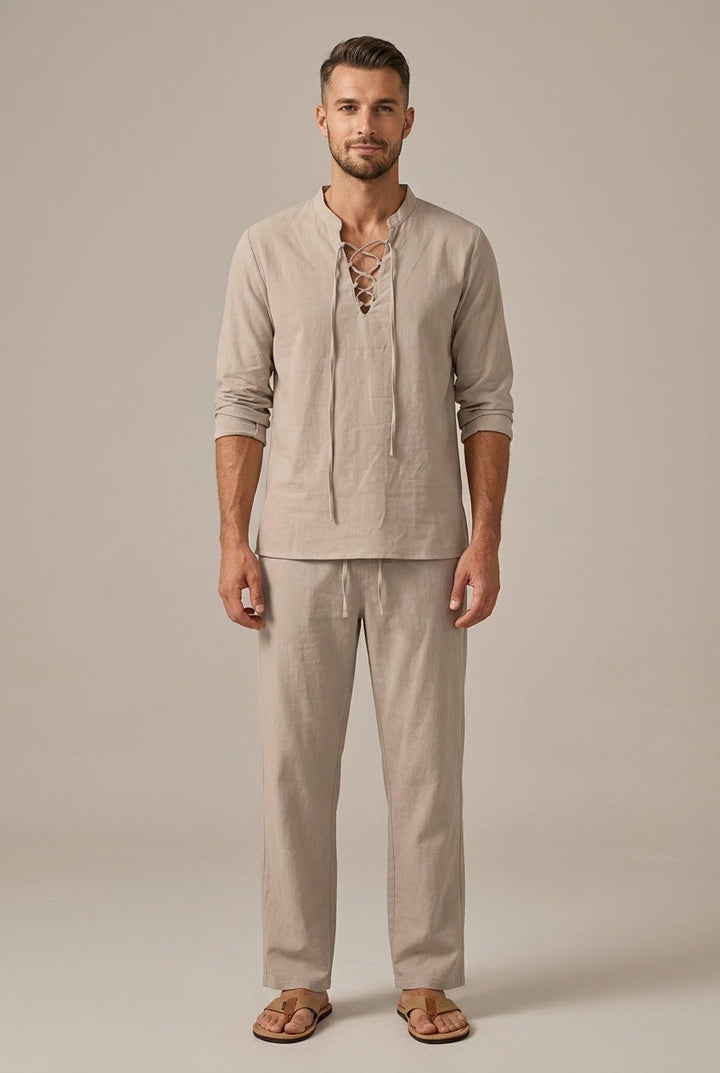 Men's linen blend two-piece set featuring a lace-up V-neck shirt and wide-leg trousers, perfect for summer resort wear.