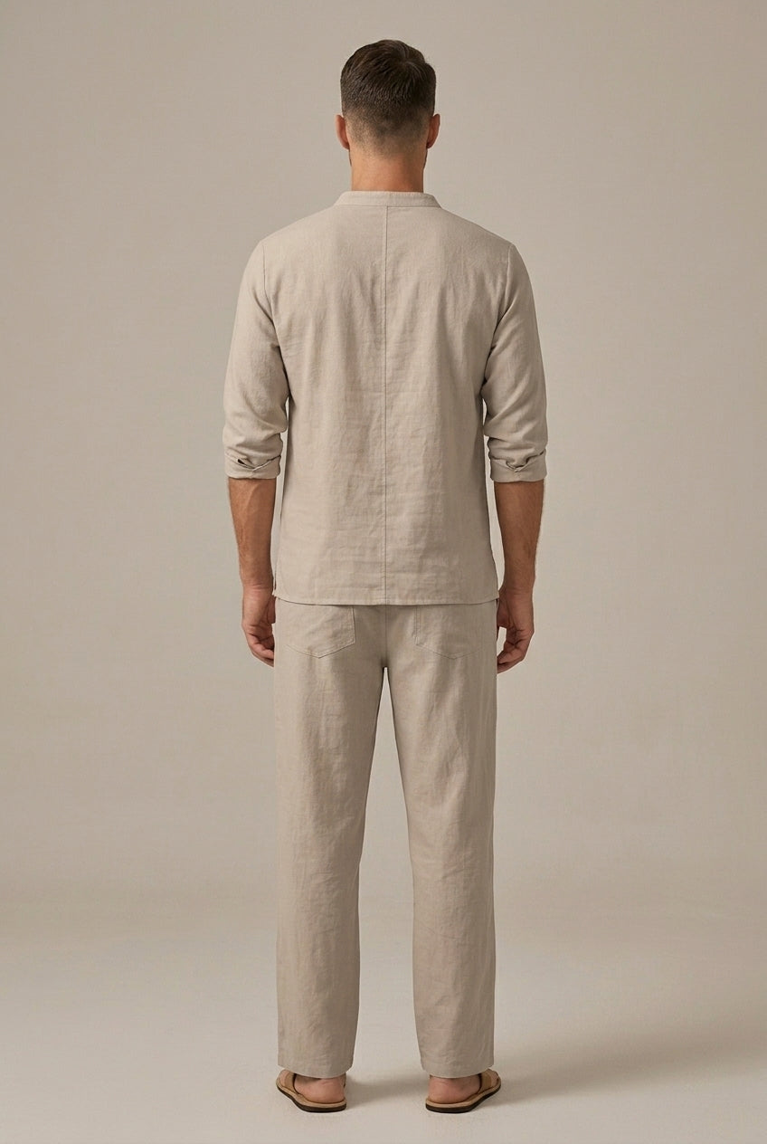 Casual men's linen blend matching set with a long-sleeve V-neck top and comfortable wide-leg pants. Ideal loungewear.