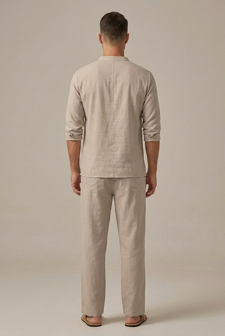 Casual men's linen blend matching set with a long-sleeve V-neck top and comfortable wide-leg pants. Ideal loungewear.