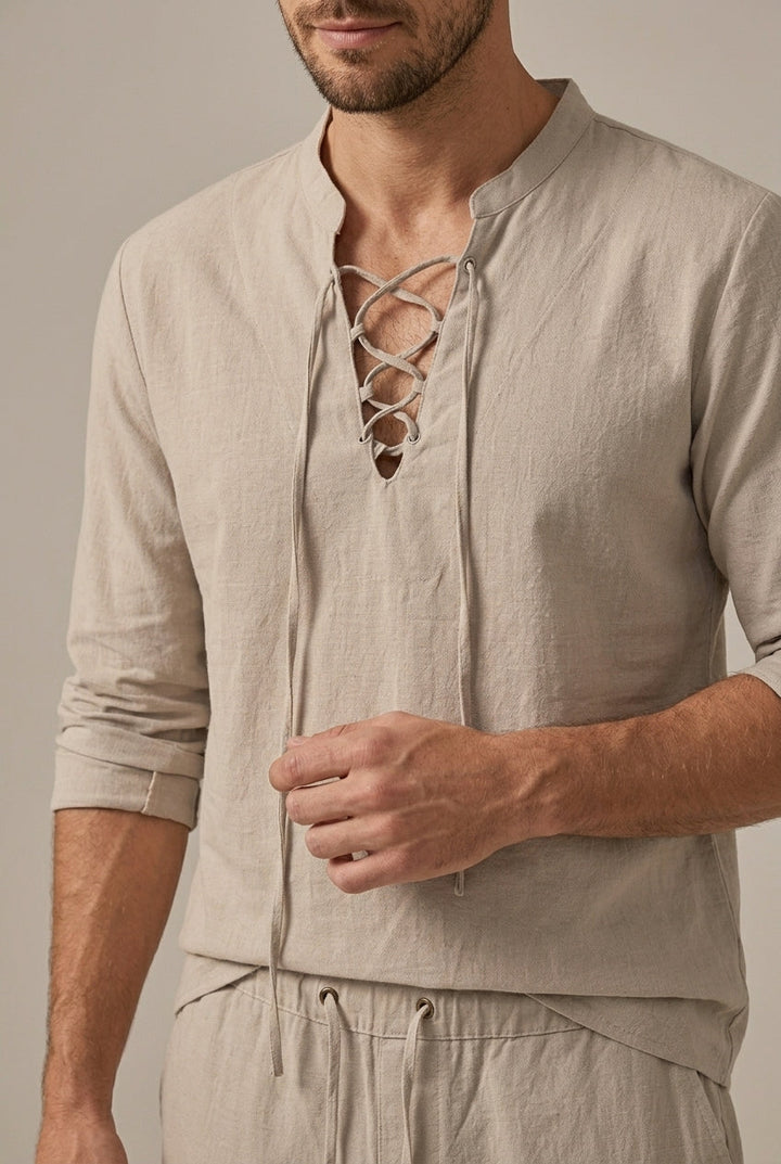 Stylish men's lace-up V-neck linen blend shirt and wide-leg trousers. A comfortable two-piece set for summer fashion.