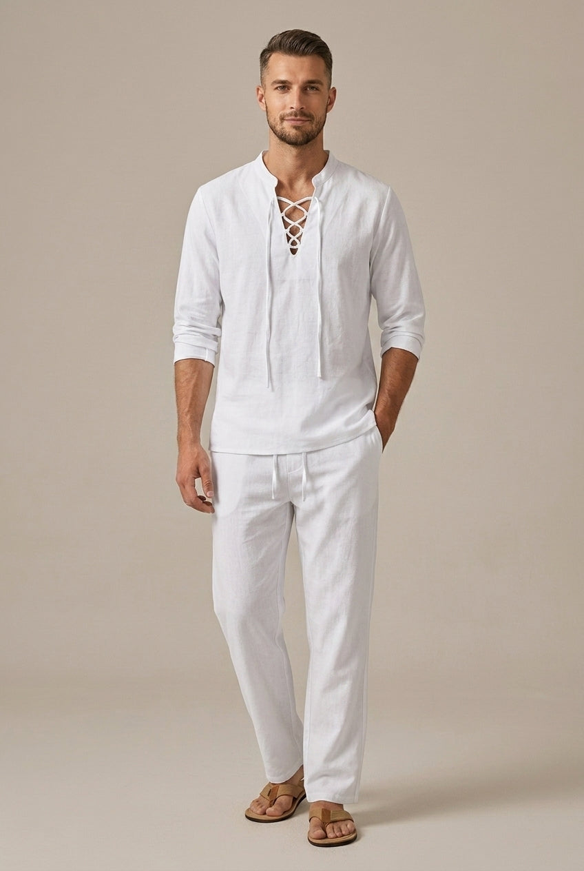 Comfortable men's linen blend casual outfit: lace-up V-neck shirt and wide-leg trousers. Ideal for relaxed summer days.