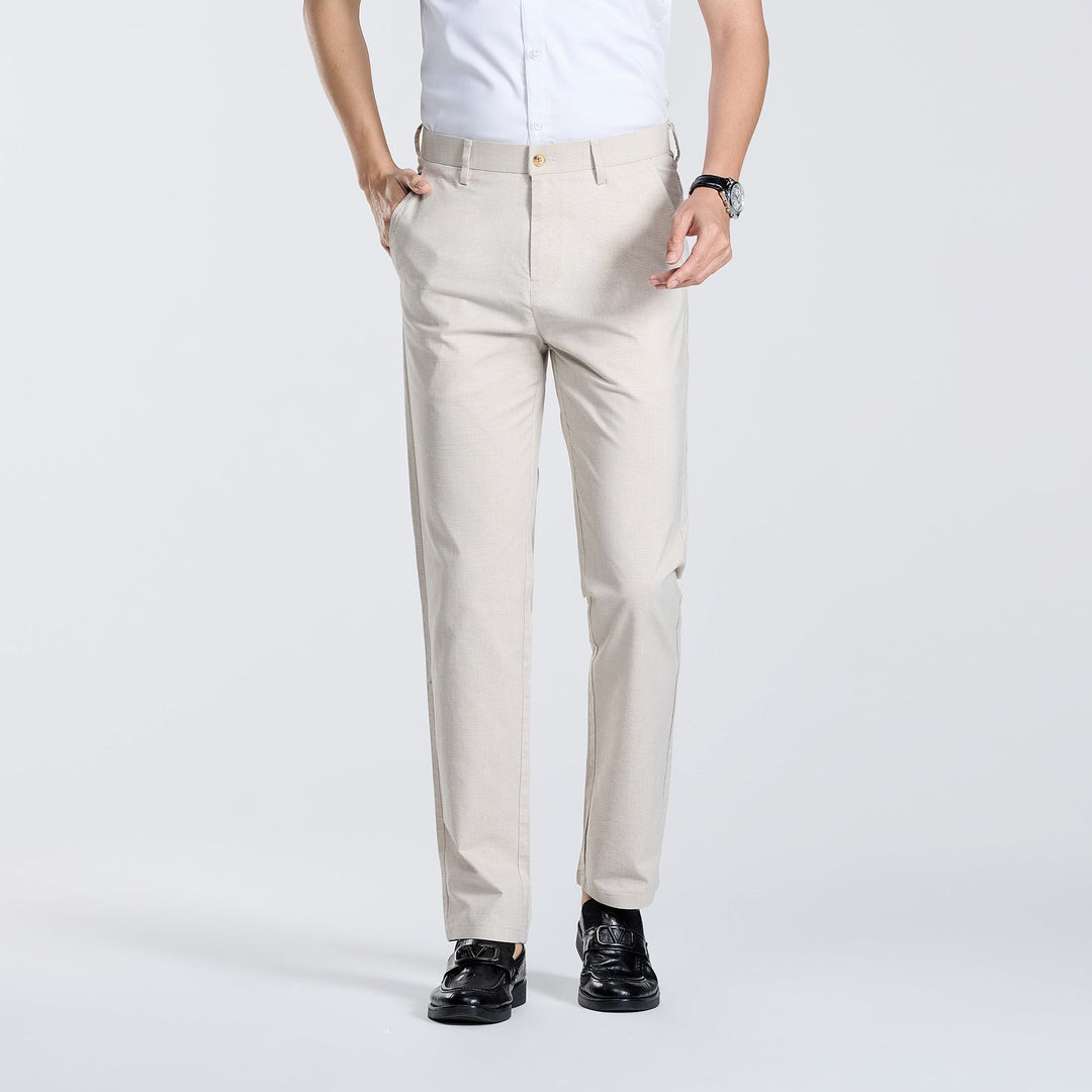 Men's linen look straight leg trousers, perfect for summer comfort & casual elegant vacation wear.