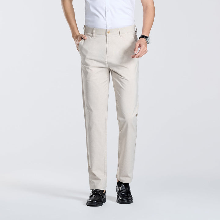 Men's linen look straight leg trousers, perfect for summer comfort & casual elegant vacation wear.