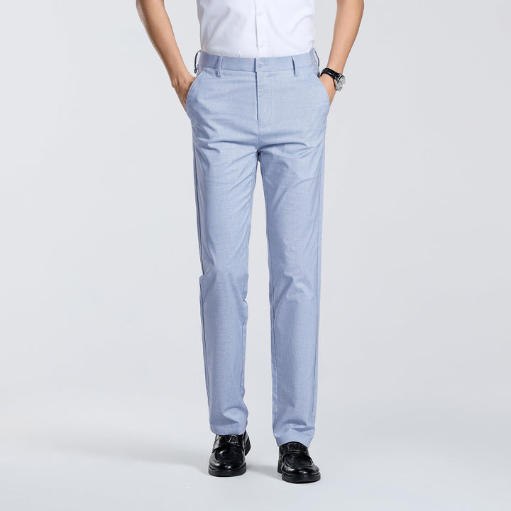 Comfortable men's straight leg trousers with a linen look, ideal for warm weather and summer casual outfits.