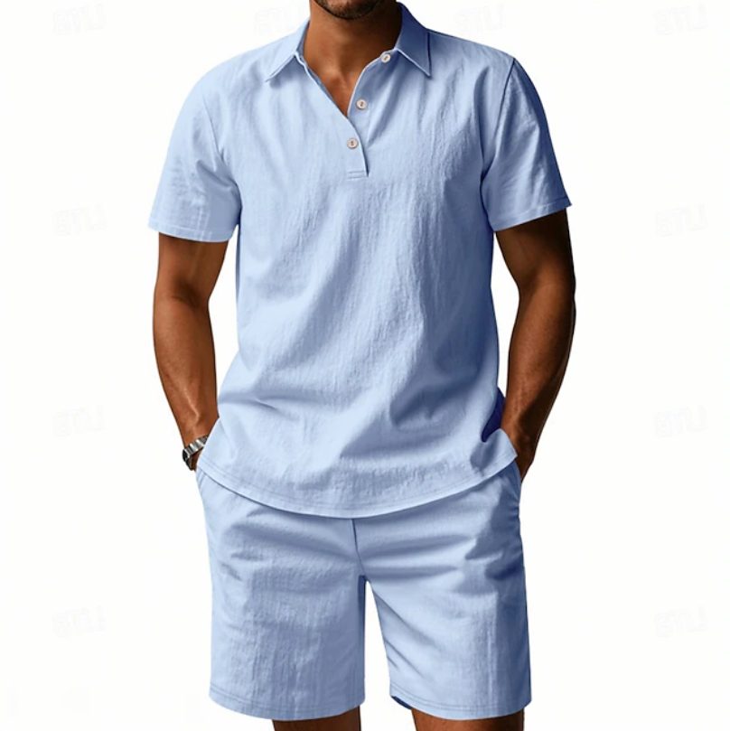 Men's linen polo shirt & shorts matching set, perfect for breathable summer casual wear.
