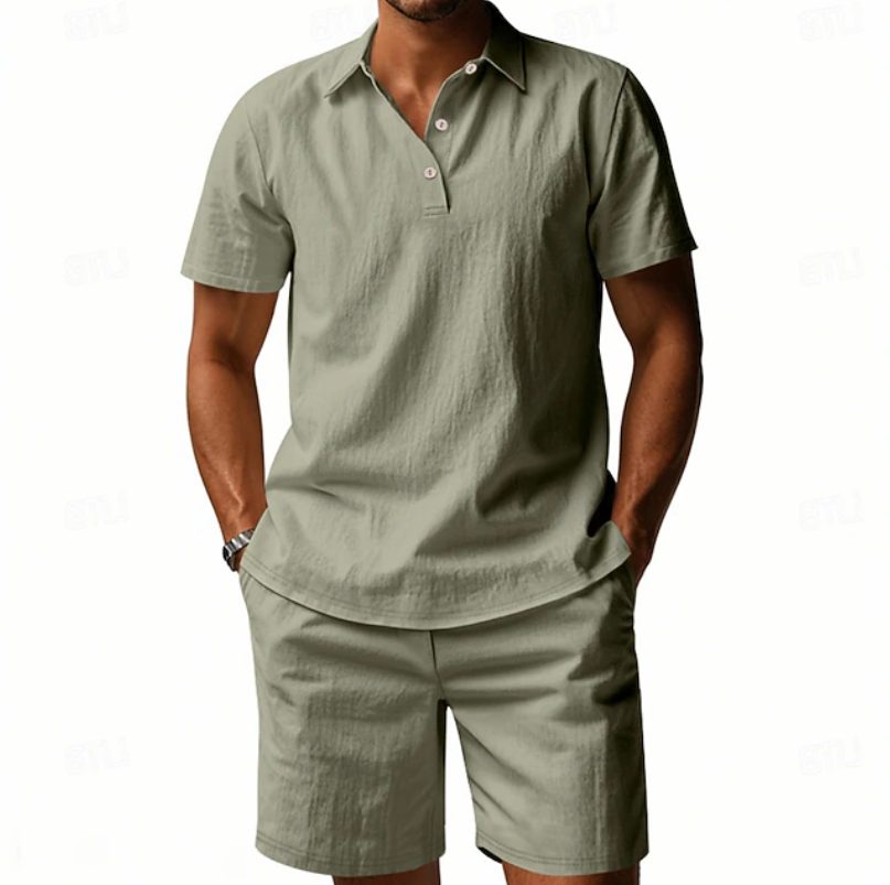 Stylish men's two-piece linen polo shirt & shorts set, ideal for casual summer outfits.