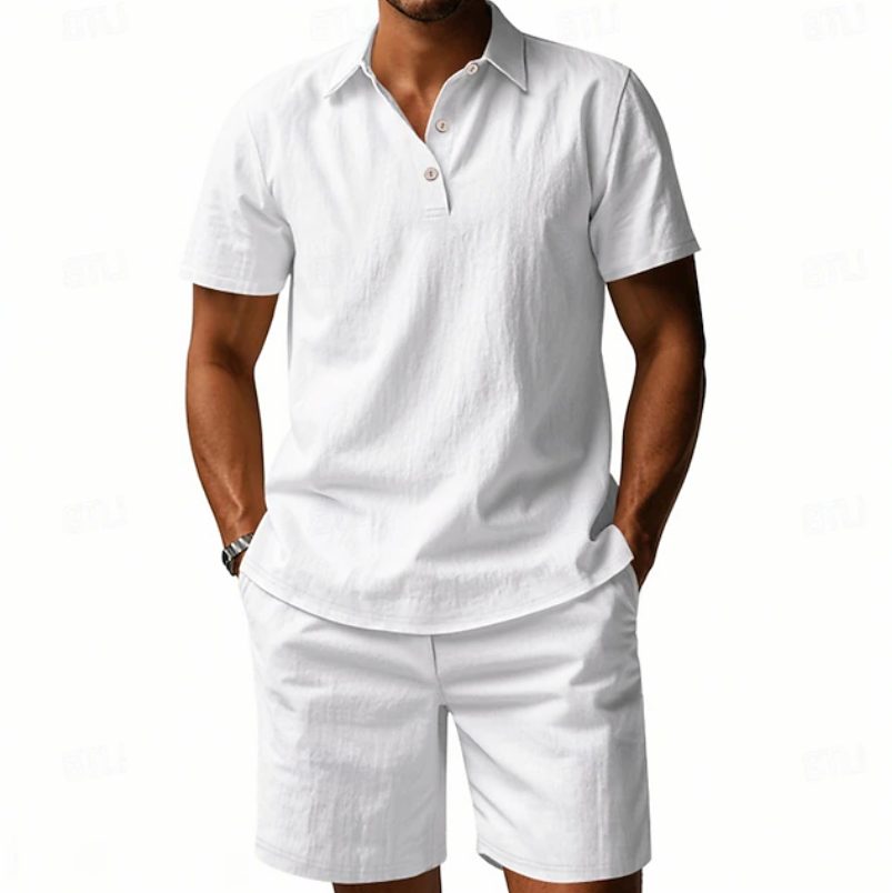 Matching men's linen polo shirt and shorts set, a trendy and breathable summer fashion statement.