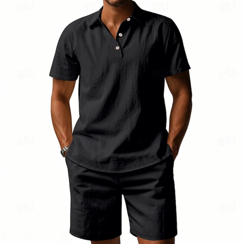 Versatile men's linen polo shirt & shorts set, great for summer, beach, or casual warm-weather wear.