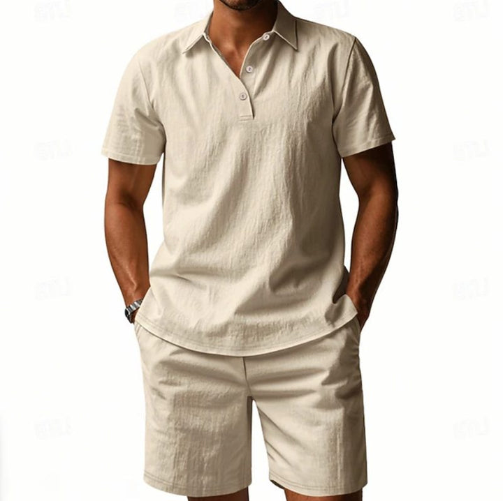 Men's breathable linen polo shirt & shorts matching set, a comfortable and stylish two-piece summer outfit.