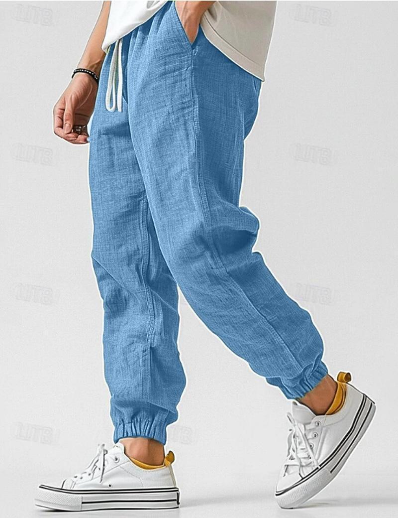 Men's linen relaxed fit jogger trousers, perfect for comfortable everyday casual wear.