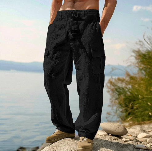 Fashionable men's linen cargo pants, comfortable straight leg fit with useful side pockets.