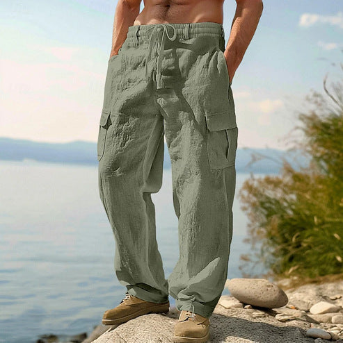 Comfortable men's linen cargo pants, straight leg fit with practical side pockets.