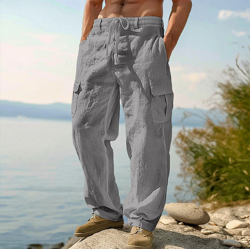 Relaxed fit men's linen cargo pants, straight leg style, with practical side pockets.