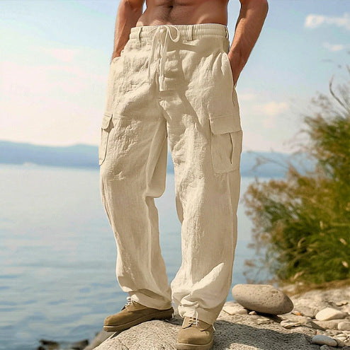 Stylish men's straight leg linen trousers, featuring practical side pockets for everyday casual wear.
