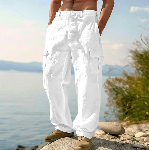 Breathable men's linen cargo pants, straight leg cut, offering ultimate comfort with side pockets.