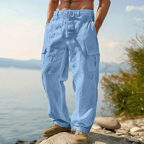 Versatile men's straight leg linen cargo pants with side pockets & drawstring, great for casual style.