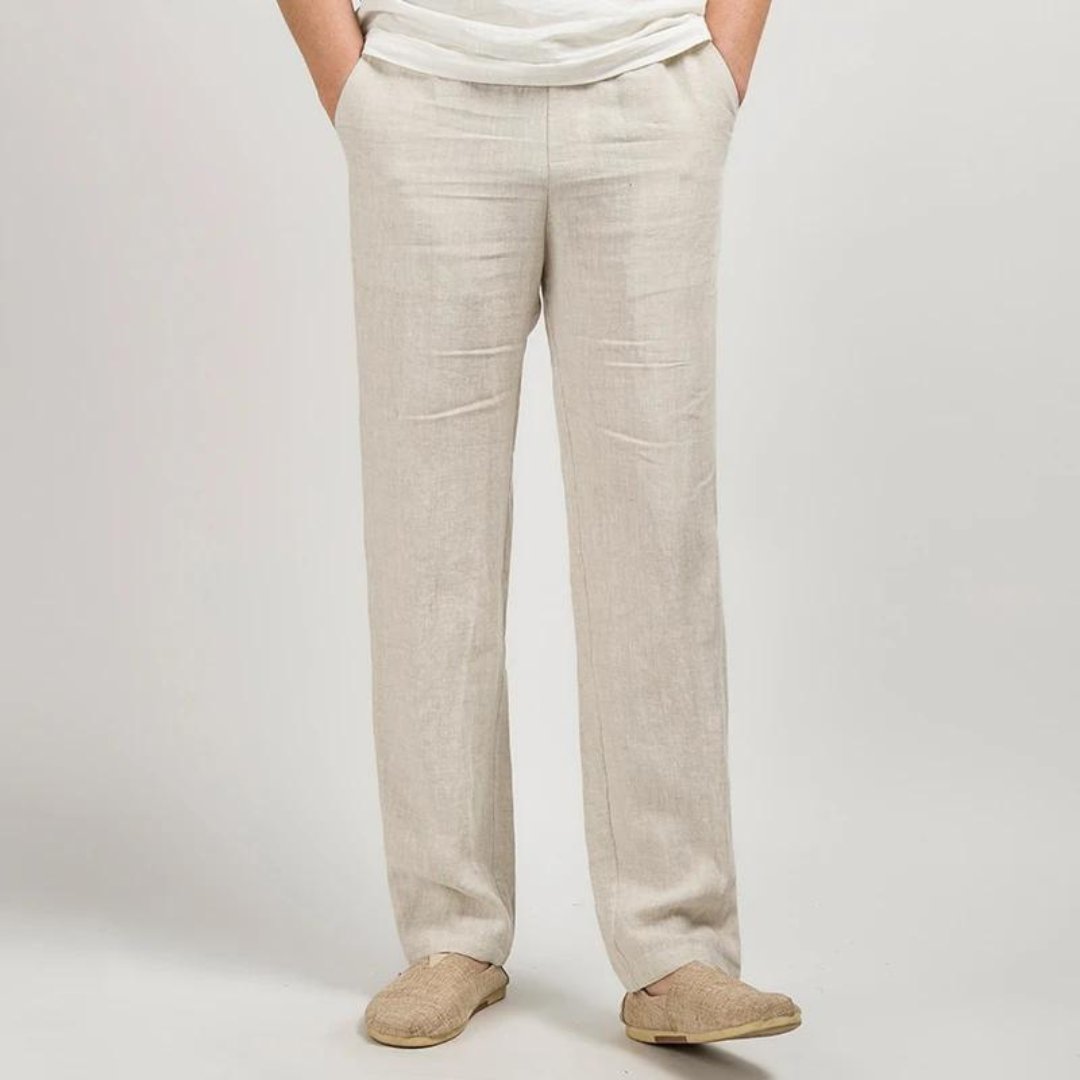 Men's linen straight leg trousers with elastic waist, perfect for casual summer comfort & style.
