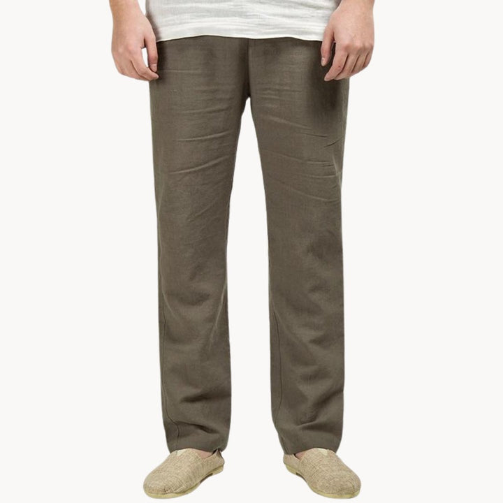 Stylish men's linen straight leg trousers, featuring an elastic waist for a relaxed fit, ideal for casual fashion.